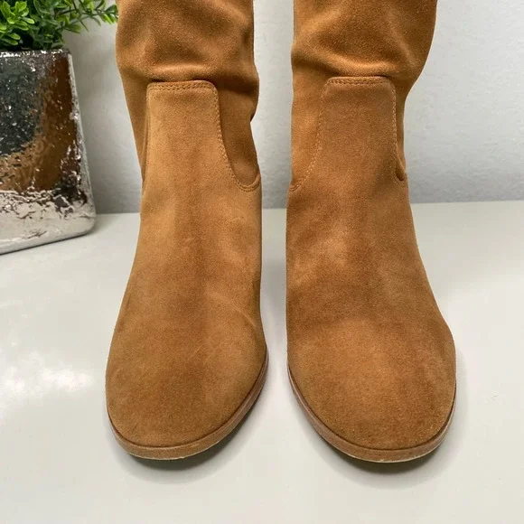 Michael Kors Avery Knee High Suede Leather Boots Stacked Heel Acorn Size 6-6.5 - Picture 3 of 14